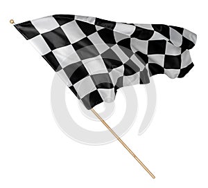 Black white race chequered or checkered flag with wooden stick isolated background. motorsport racing symbol concept