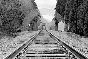 Black and white railway tracks bridge