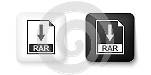 Black and white RAR file document icon. Download RAR button icon isolated on white background. Square button. Vector