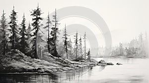 Black And White Realism: Serene Pine Trees Sketch Along Water