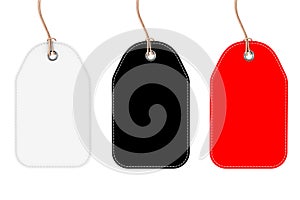 Black, White and Red Blank Mockup Tags with Strings. 3d Rendering