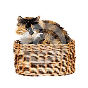 Black white red cat in a basket on a white background