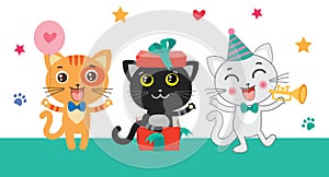 Black, white and red cute little cats. Congratulates card.