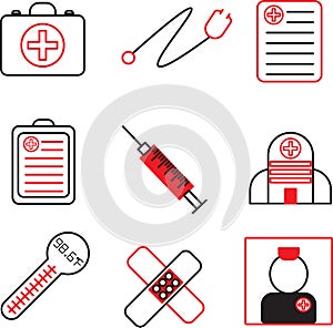 black white red icon set types of medical equipment such as medical box, stethoscope, injection, bandage, thermometer, hospital