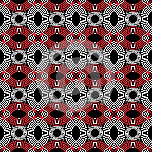 Black white red ornamental greek vector seamless pattern. Geometric modern elegant background. Abstract repeat