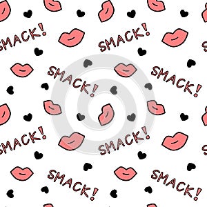 Black white and red seamless pattern background illustration with lips hearts and smack words