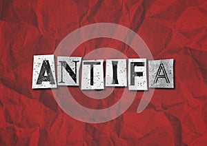 A black, white and red text collage graphic illustration on the concept of antifa, anti fascist protestors
