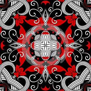 Black white red vintage vector seamless pattern. Ornamental floral background. Ethnic tribal style repeat backdrop. Symmetrical