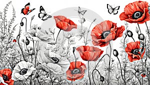 Black white and red watercolor poppies with butterflies on white background. Watercolor illustration