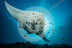 Black and white reef manta ray flying around a cleaning station in cristal blue water