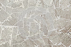 Black and white repeating torn newspaper background. Continuous pattern left, right, up and down