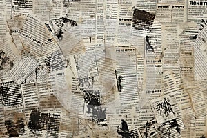 Black and white repeating torn newspaper background. Continuous pattern left, right, up and down