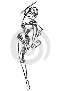 Black and white retro fashion woman model. Hand drawn