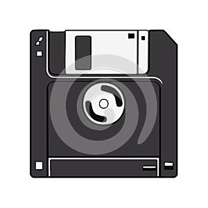 Black and white retro floppy disk design. Vintage data storage device. Obsolete technology