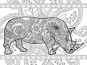 Black and white rhino hand drawn doodle animal paisley adult stress release coloring page zentangle