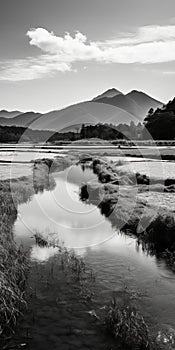 Black And White River Landscape With Mountains - Takasaki Masaharu Inspired