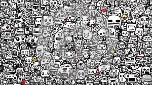 Black and white robot robots doodle art background
