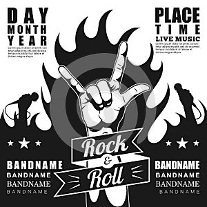 Black and white Rock festival poster, with rock n roll sign and fire.