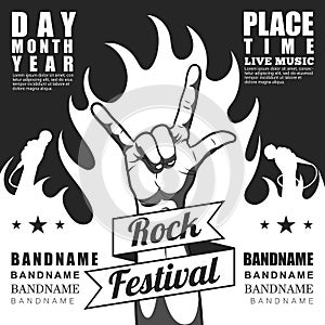 Black and white Rock festival poster, with rock n roll sign and fire.