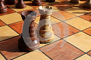 Black and white rooks stand on a chessboard with figures on background