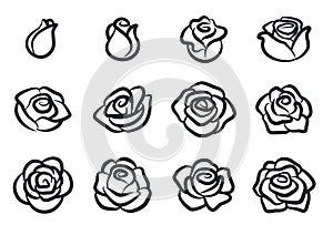 Black and white rose flower vector illustration. Simple rose blossom icon set. Nature, gardening, love, Valentine`s day theme