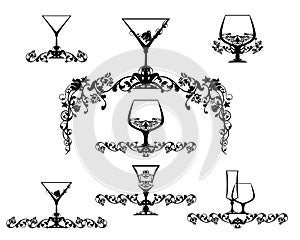 black and white rose flower and wine glasses vector calligraphic decorative elements for menu card