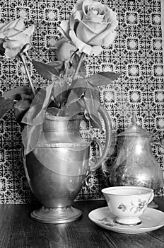 black & white roses in antique silver pitcher, teacup, saucer TEATIME