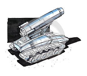 Black Ink Concept Art Drawing of Sci-fi Future Military Tank or Artillery Design photo