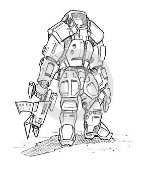 Black Grunge Rough Pencil Sketch of Future Sci-Fi Soldier In Exoskeleton Suit photo