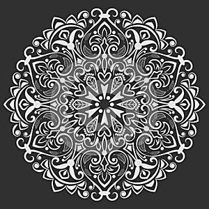 Black and white round floral element illustration.