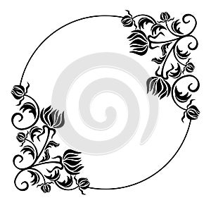 Black and white round frame with flowers silhouettes.