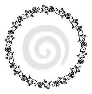 Black and white round frame with flowers silhouettes.