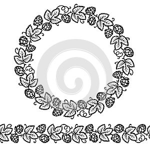 Black and white round frame and seamless border made of beer hop branches. Vector illustration