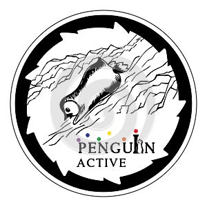 A black and white round logo with the image of a penguin, an icon with the image of an Arctic bird that descends from a mountain