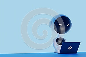 Black and white round robot working at a laptop on an blue copy space background 3d illustration
