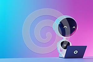 Black and white round robot working at a laptop on an gradient background 3d illustration