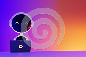 Black and white round robot working at a laptop on an gradient background 3d illustration