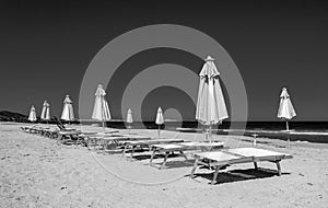Black and white rows of umbrellas and deck chairs on the beach photo
