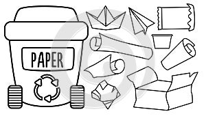 Black and white rubbish bin for paper waste with different garbage. Waste recycling and sorting concept or coloring page. Vector