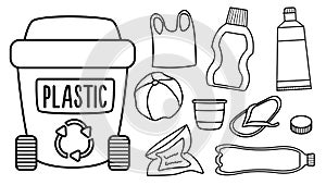 Black and white rubbish bin for plastic waste with different garbage. Waste recycling and sorting concept or coloring page. Vector