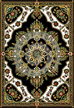 Black and white rug with gold and red design on the bottom. Generative AI