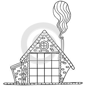 Black and white rustic house with scandinavian-style chimney smoke. A hut with a brick wall and a flower bush in a pot. Coloring b