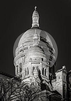 Black & White Sacre Coeur Basilica at night, Montmartre, Paris