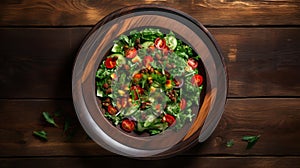 Delicious Salad In A Beautiful Wooden Bowl photo