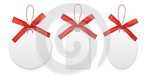 Black white sale label and tag with red bow.