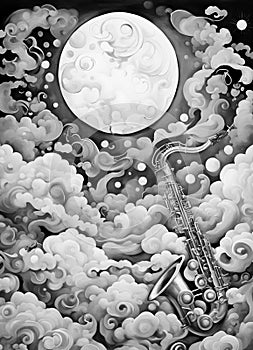 Black and White Saxophone and Moon