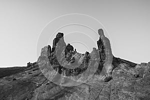 Black and white scenery of a barren volcanic landscape with sharp rocks and desert. Panorama of the island Tenerife, Canary