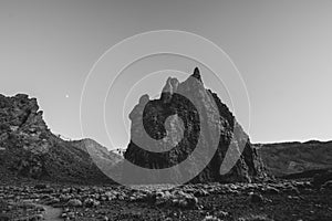 Black and white scenery of a barren volcanic landscape with sharp rocks and desert. Panorama of the island Tenerife, Canary