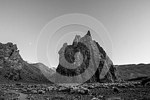 Black and white scenery of a barren volcanic landscape with sharp rocks and desert. Panorama of the island Tenerife, Canary