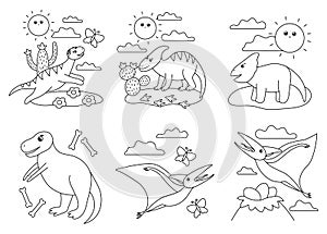 Black and white scenes set with cute dinosaurs. Illustration with dinos playing, flying, running. Funny prehistoric reptiles